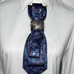 Floral Blue fashion Tie with Gold Accents with peacock 🦚 brooch